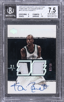 2003-04 UD "Exquisite Collection" Emblems of Endorsement #KG Kevin Garnett Signed Game Used Patch Card (#02/15) – BGS NM+ 7.5/BGS 10